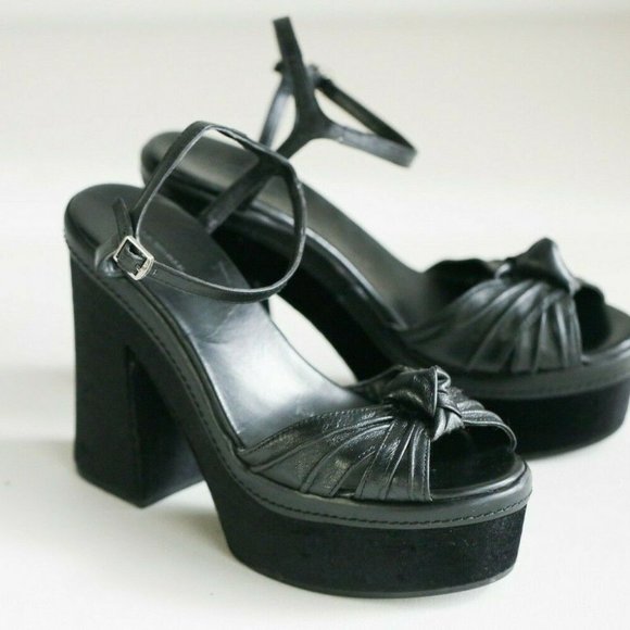 Zara Black Chunky Heels Leather Velvet Platforms